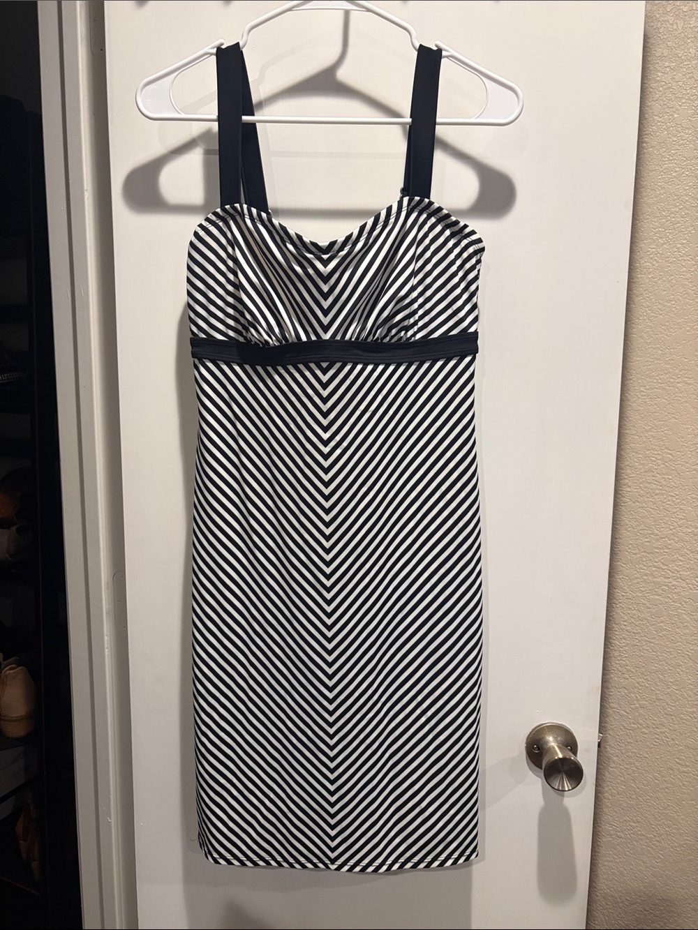 Athleta Black and White Striped Midi Dress with Wide Straps